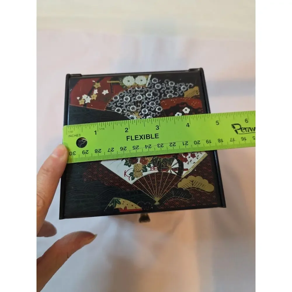 Vtg Otagiri Original Lacquerware Black W Fans Flowers 3 Drawer Jewelry Box